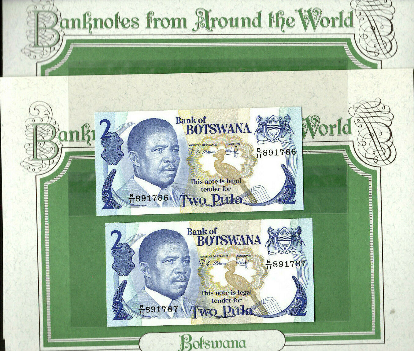 World Banknotes Botswana 2 Pula 1982 P-7b Prefix B/11 Sign 4 Unc 2 Consecutive #