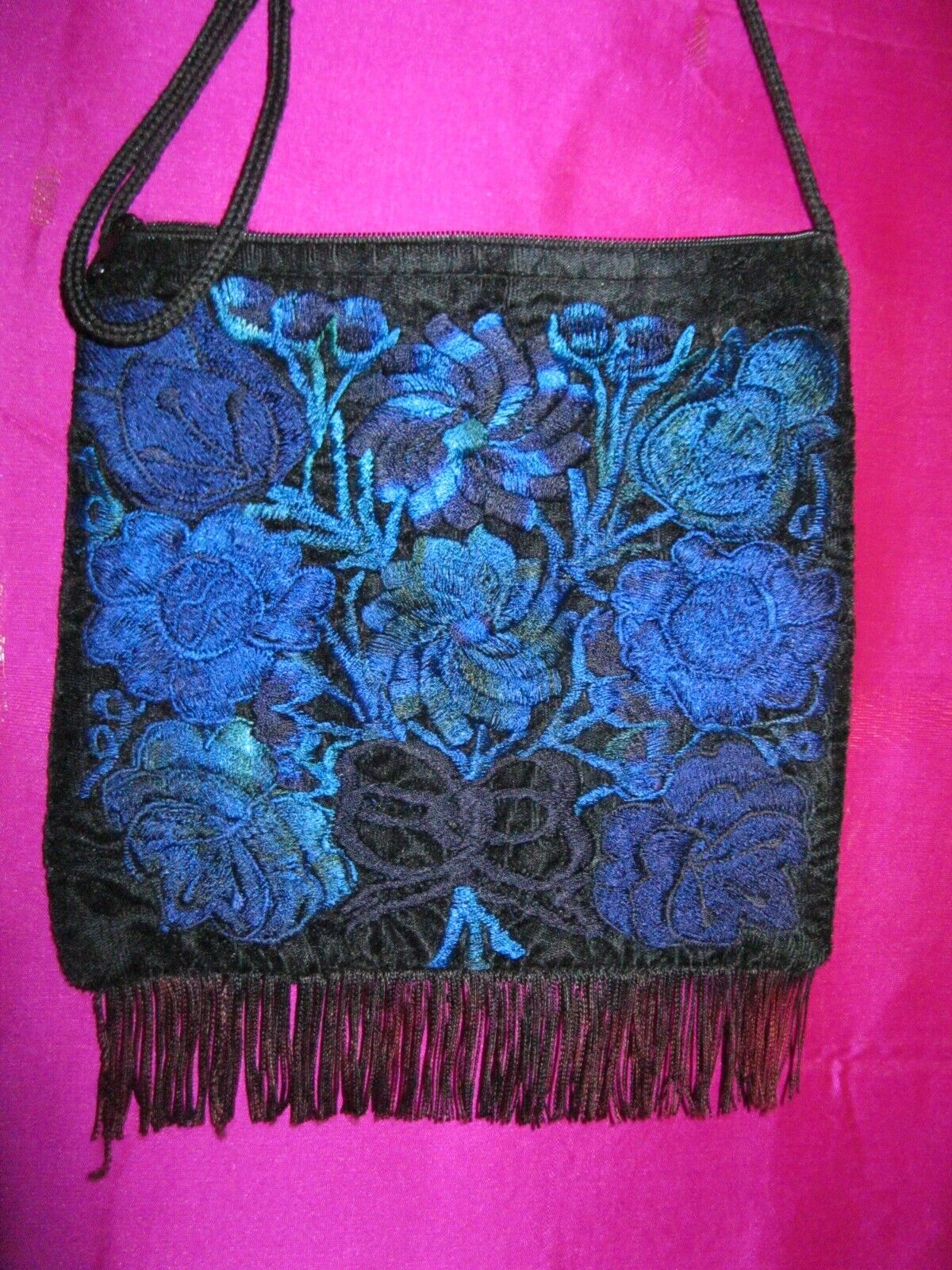 Guatemalan Bag, Black Velvet With Blue Embroidered Flowers On Front, Zipper