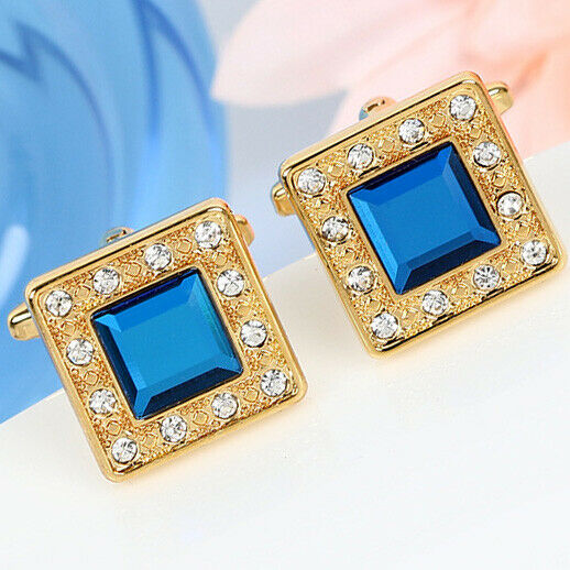 Mens Gold Square Cuff Links Saphire Blue Crystal Diamond Shirt Stud Vintage Gift