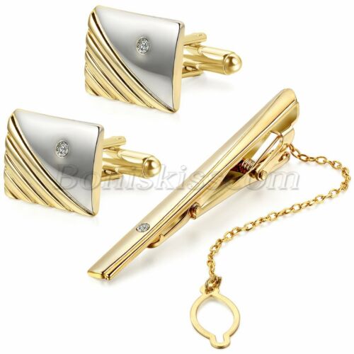 Polished Gold Tone Metal Cz Cufflinks Tie Bar Clasp Clip Set Men's Modish Gift