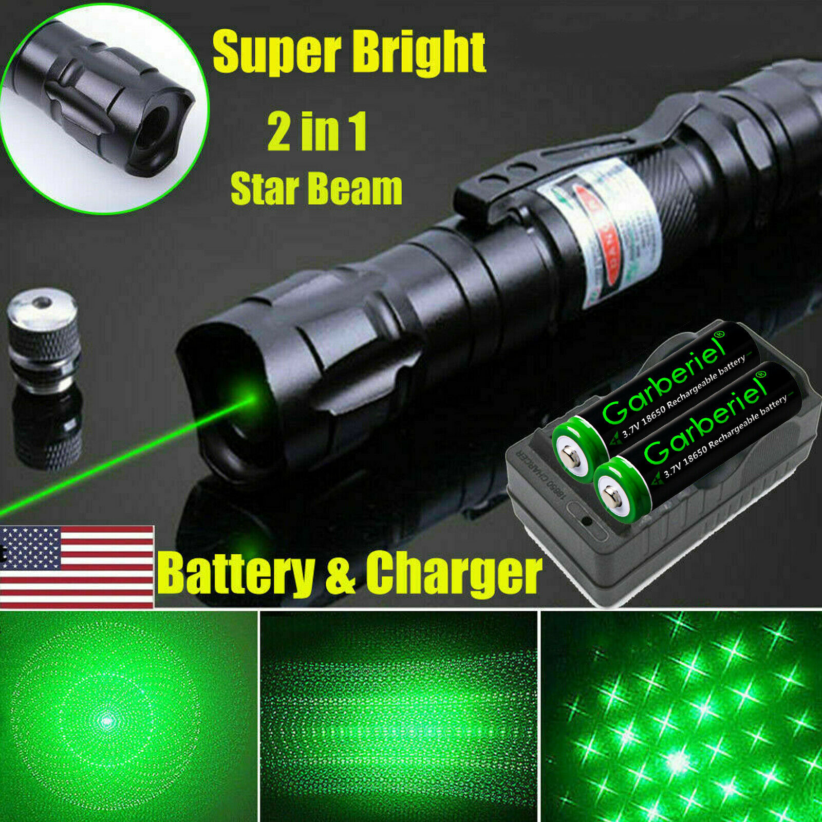 900 Miles 532nm Green Laser Pointer Star Beam Rechargeable Lazer+battery+charger