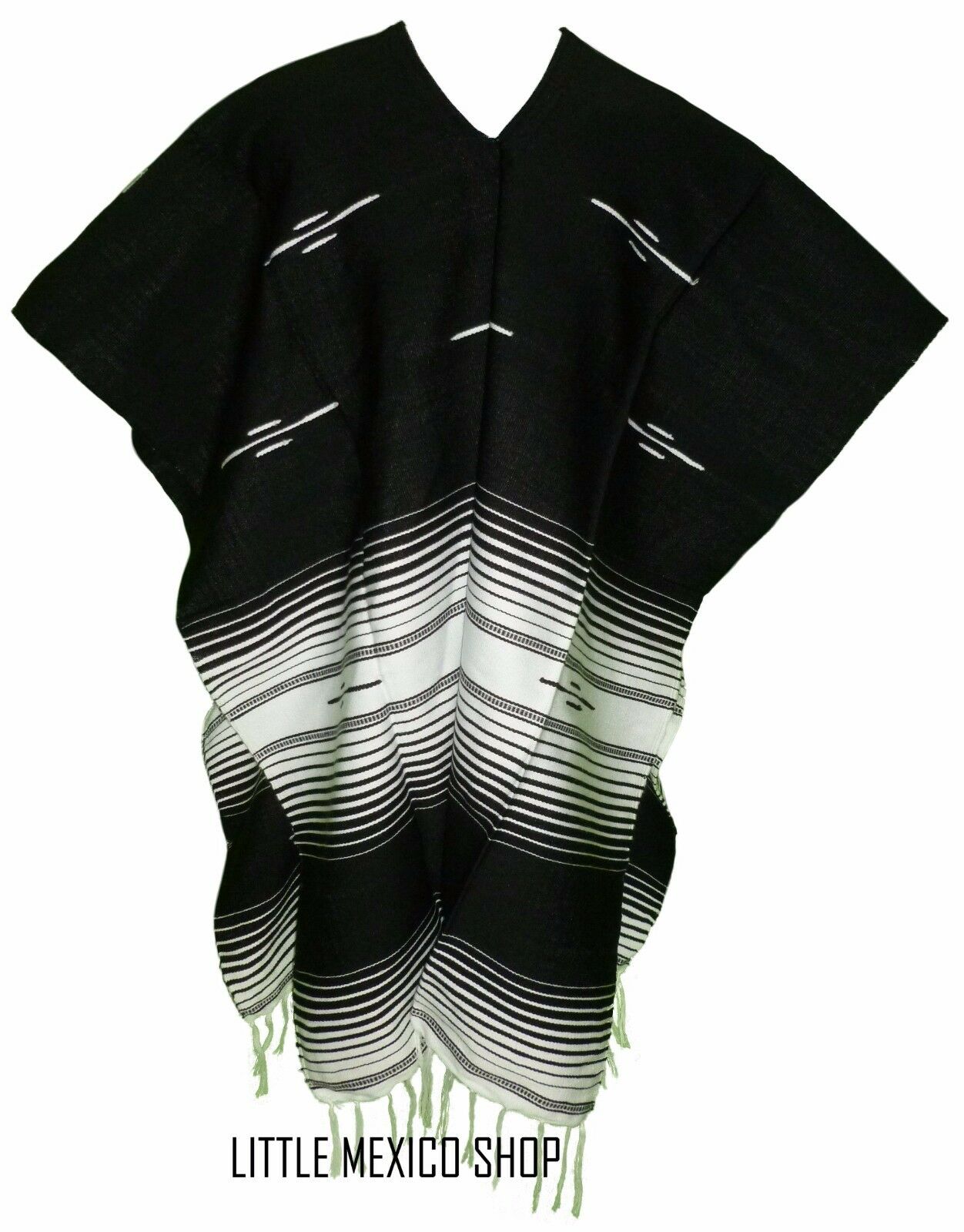 Tribal Serape Mexican Poncho - Black White - One Size Fits All Blanket Gaban